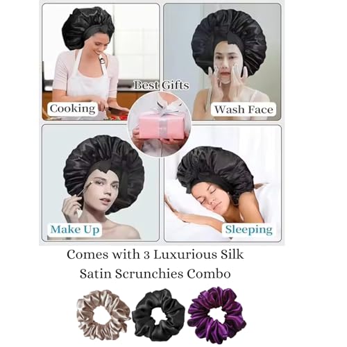 Image of Silk Bonnet for Hair with 3 Scrunchies, Adjustable Hair Cap for Sleeping, Bonnet for Curly Hair with Wide Elastic Tie Band