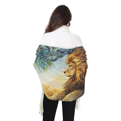 Lion under Tree Cashmere Feel Scarf for Women, Single-sided Print, Fashion Pashminas Shawl Wrap Large Size with Tassels