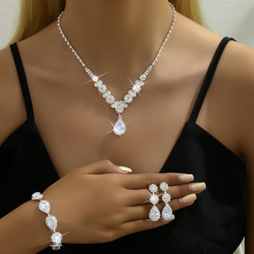 Paxuan Silver / Gold Rhinestone Crystal Wedding Bridal Bridesmaids Earrings Bracelet Set for Women Brides Bridesmaids Crystal Rhinestone Bracelet Earrings Set for Wedding Bridal Prom Pageant (Style2 - Necklace + Earrings + Bracelet(Silver Plated White Cub - Thumbnail 2