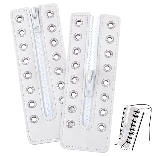 PH PandaHall 2pcs Leather Boot Zipper Inserts, 6.3 x 2.2 Inch 8 Gunmetal Holes White Tieless Shoe Laces Eyelets Zipper Lace-in Boot Lace No Tie Shoe Lace for DIY Men Women Sneakers Laces Repair