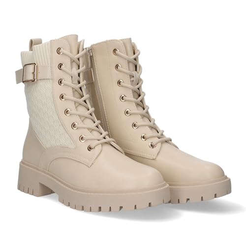 shoes&blues.es 77391 Botin de Tacon para Mujer, Comodos Material Elastico, con estamapdo, Cierre de Cremallera y de Hebilla. Beige Talla 36