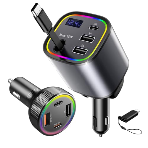 USB C Car Charger, 78W Retractable Car Charger and 4 Ports PD 30W Fast Charging Cigarette Lighter Adapter with Light for iPhone 16 15 14 13 iPad Android, Car Accessories Gift