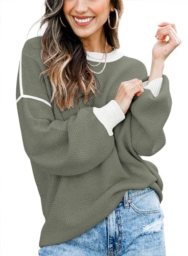 Image of Fall Clothes for Women 2026 Fashion Outfits Knitted Oversized Sweaters | Disamer Womens Sweater Trendy,Color Block Crew Neck Long Sleeve Knitted Pullover Jumper Tops,Striped,Winter Cute Sweaters