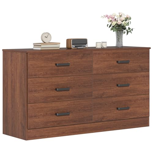 Bigbiglife Wood Dresser for Bedroom, 6 Drawer Double Dresser, Mid Century Modern Chest of Drawers with Deep Drawers, Large Storage Organizer for Living Room, Closet(Walnut Brown)