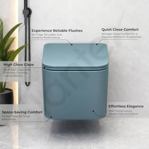 Image of Plantex Wall Hanging Commode for Bathroom with Soft Closing Toilet Seat Cover /Imported Ceramic Commode /Western Toilet- P Trap (Harmony Blue)