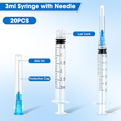 20Pack 3ml Syringes with Needle 23Ga 1 Inch, Disposable 3cc Luer Lock Syringe for Scientific Labs, Individually Wrapped, Box of 20 - Thumbnail 2