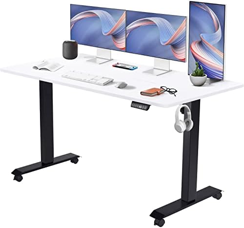 Flamaker Height Adjustable Electric Standing Desk, 140 * 60cm Sit Stand Desk Adjust Desk Home Office Desk with Headphone Hook, Black