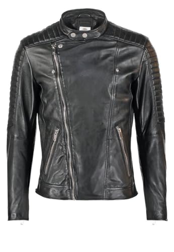 Men's Leather Biker Jacket, Multi-Zipper, Quilted Shoulders (US