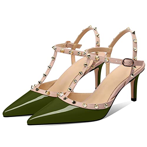 Image of XINIUNIU Studded Heels for Women Kitten Heels with Studs Stiletto Sandals with Rivet Ankle Strap Patent Leather Pointy Toe 2.5 Inch Party Daily Wear Evening Sandals