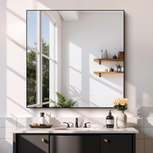 Image of COFENY Black Bathroom Mirror for Wall, 39x39 Inch Square Mirror with Metal Frame, Black Modern Vanity Mirrors for Bathroom Sink, Living Room, Entryway Hangs Horizontal or Vertical