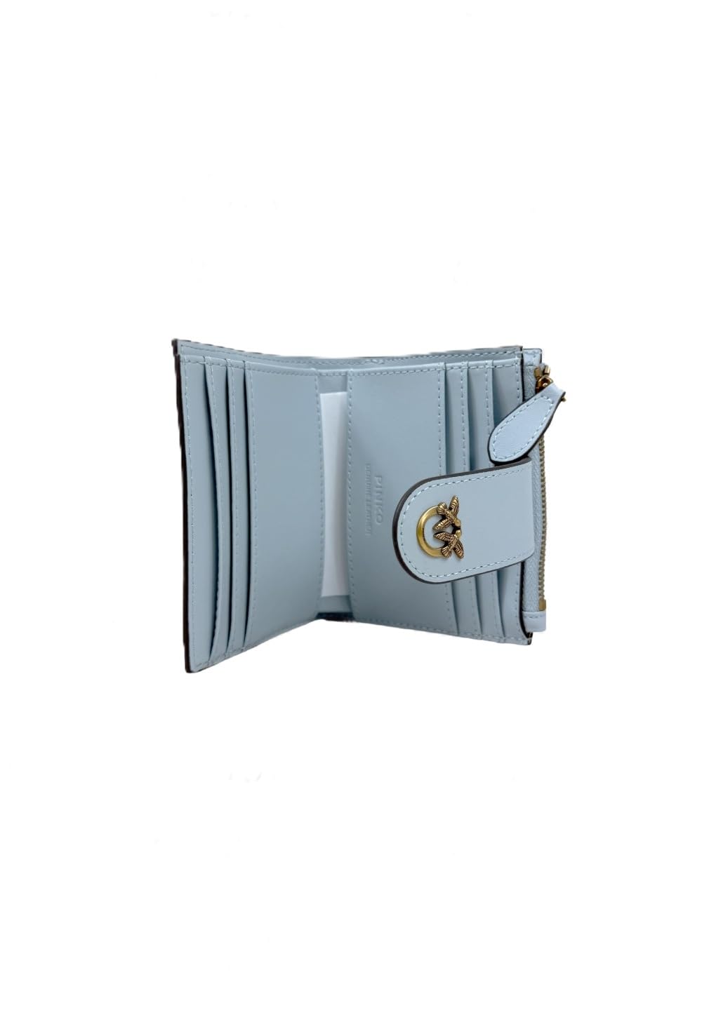 Pinko Portafoglio Donna in Pelle, Azzurro Celeste, Multi Purpose, Chiusura con Bottone, 6 Vani Portacarte, Portamonete Esterno, 9,5 x 9 x 3 cm, Galvanica Oro Antico