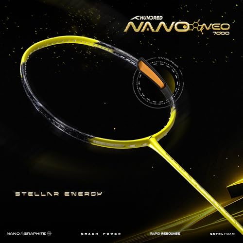 Image of Hundred Carbon Fiber Nano Neo 7000 (5U) Unstrung Badminton Racket with Full Cover | 79 Grams | Maximum Tension ?32 lbs (Yellow /Black)