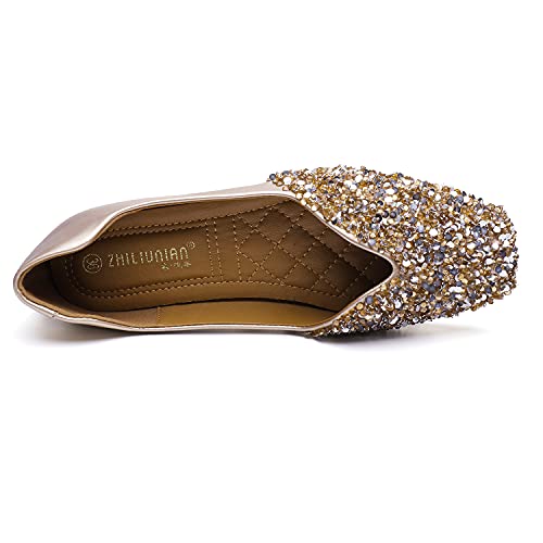 Qxcgdyxt Flats Shoes Women Rhinestone Square Fashion Ballet Flats Wedding Flats For Women Comfortable Slip On Low Heel Dress Shoes Gold Size-8 #TOP5