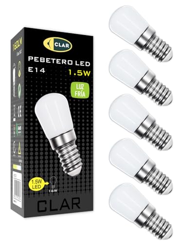 CLAR - Lampadina LED E14 per Frigorifero, Cappa da Cucina, Macchina da Cucire - Lampade Piccole, Luce Fredda 6000ºK 1.5W (Pack 5)