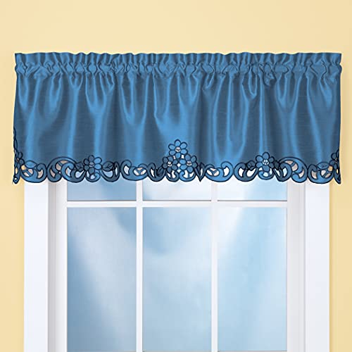 Collections Etc Elegance Scroll Embroidered Cut-Out Window Valance With Rod Pocket Top For Easy Hanging, 58" W X 13" L, Blue #TOP1