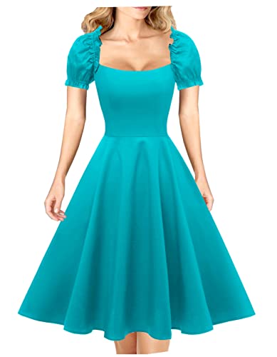 Hanpceirs Women's Puff Short Sleeve 1950s Party Dresses Square Neck Aline Dress with Pockets Turquoise 3X-Large