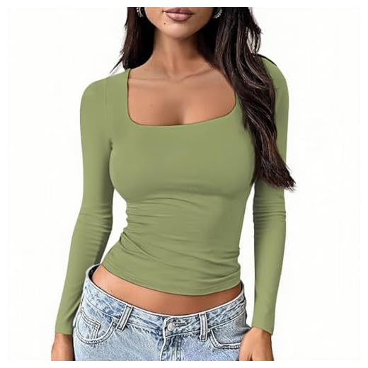 OOHOKAY T-shirt à manches longues et col carré Y2K pour femme, coupe ajustée, haut court décontracté, streetwear basique, Vert militaire-u1, XS