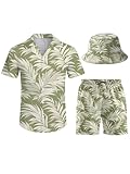 QWEHHEVG Simple style leaves Men's Button Shirt Beach Shorts Set, Hawaiian Short Sleeve Shirt Quick Dry Beach Shorts 2 Pcs with Bucket Hat