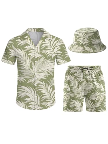 QWEHHEVG Simple style leaves Men's Button Shirt Beach Shorts Set, Hawaiian Short Sleeve Shirt Quick Dry Beach Shorts 2 Pcs with Bucket Hat