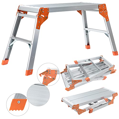 Arbeitsplattform CF-107A |  - Alu Leiter - Klappbar - Bis 150 kg - Arbeitsbühne mit Plattform - Trittleiter - Werkbank - Klappleiter (Silber/Orange)