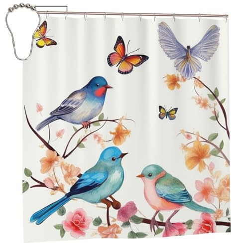 Rideau de douche d'hiver lavable avec imprimé oiseaux et papillons - 3