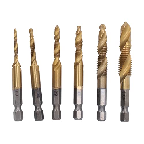 Foret de Perçage Combiné, 6 Tarauds Filetés HHS Taraud à Vis à Filetage Fin M3 M4 M5 M6 M8 M10 Ensemble de Tarauds à Vis en Spirale pour le Taraudage de Forage