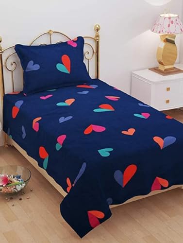 Image of Glace Cotton Single Bedsheet 60x90 Inches with 1 Pillow Cover - Dark Blue Heart Printed Sheet for Bed - Soft Flat Bed Cover Set for Kids Girls Room Hostel Dorm - Blue Heart