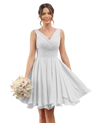 Loyeloy V Neck Short Bridesmaid Dresses for Women 2025 Chiffon A Line Ruffles Formal Evening Gowns with Pockets YJ114