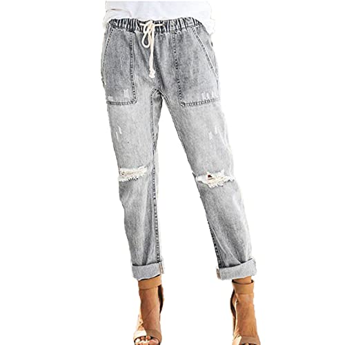 Maiyifu-GJ Women Pull On Distressed Denim Joggers Relaxed Fit Ripped Straight Leg Jeans Mid Rise Elastic Waist Boyfriend Jean (Grey,Small)