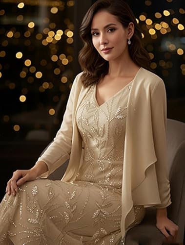 Image of 2 Pieces Mother of Bride Dresses with Jackets - Sequin Lace Chiffon A-Line Tea Length Formal Evening Dresses for Women