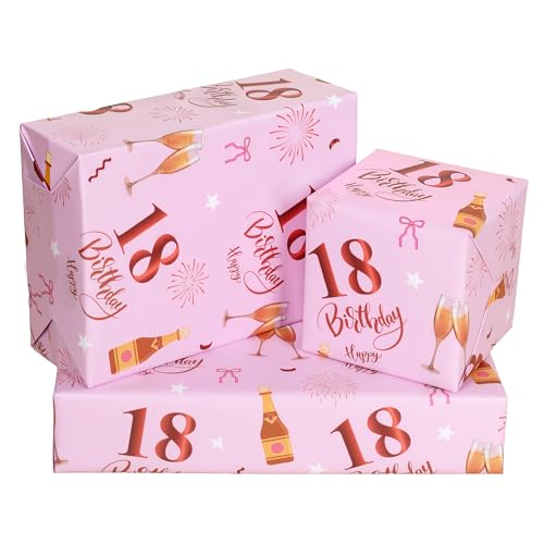 Bolibo 6 Sheets 18th Birthday Wrapping Paper 70x50cm Rose Gold Pink Recyclable 18th Birthday Decorations Gift Wrap Paper for Girls Ladies (Pink-18th)