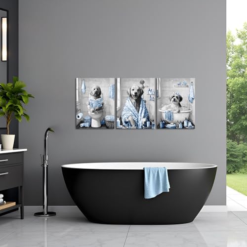 Image of sechars Funny Dogs Bathroom Wall Art Grey and Blue Bath Decor Cute Animal Painting Canvas Print (Blue)