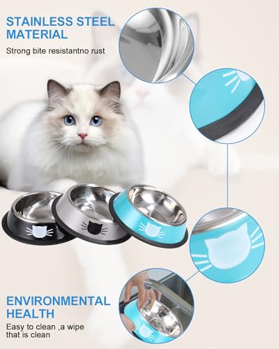 Ffutternapf Katze, 3 Stück Rutschfeste Edelstahl-Näpfe, Fressnapf Wasserschale für Katzen und Kleine Hunde, Mehrweg-Fütterungsschüssel