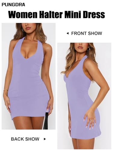 Image of Women's Sexy Halter V Neck Mini Dress for Women Summer Slim Fit Going Out Club Party Bodycon Short Dresses