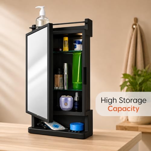Image of CIPLA PLAST Rich Look Plastic Wall-Mounted Bathroom Mirror Cabinet with Storage Shelves, Single Door, Bathroom Mirror Cabinet with Towel Holder | (Black)