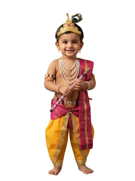 Image of Krishna Dress for Baby Boy Kids Janmashtami Costume | Dhoti & Patka Included, Mukut & Morpankh, Bansuri & Kamarband, Bajuband & Kundal, 8-Piece Set