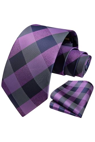 Image of HISDERN Ties for Men Formal Business Plaid Checked Mens Ties and Pocket Square Set Classic Wedding Necktie Handkerchief