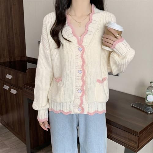 FindThy Women’s Cute Cardigan Sweater Kawaii V-Neck Long Sleeve Heart Button Color-Blocked Knit Outerwear2