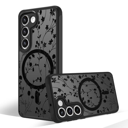 Oxytter Magnetic Case for Samsung Galaxy S23 [Compatible with MagSafe] Black Flower Floral Case for Women Girls Soft TPU Bumper Hard PC Back Anti-Fall Shockproof Protective Slim Cover A9