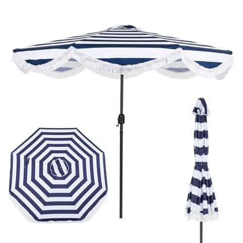 COSTWAY Parasol de Jardin Exterieur sans Pied Ø2,7M, Parasol Plage à Volants avec Franges, 30° Inclinaison, 8 Baleines, Manivelle, Tissu en Polyester, pour Piscine Balcon Terrasse