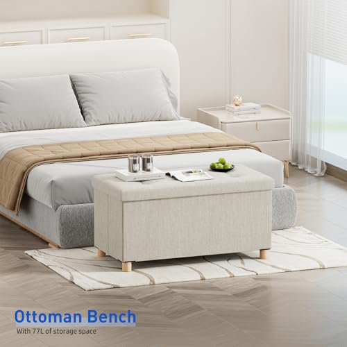Image of BRIAN & DANY 30 Inches Folding Storage Ottoman Bench, Ottoman with Storage Bench for Bedroom, Living Room, Entryway, Foot Rest with Legs, Beige