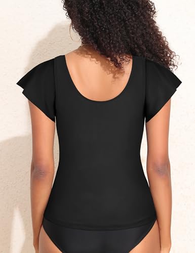 Hilor Women's Underwire Tankini Top Tummy Control Bathing Suits Short Sleeve Tankini Swimsuit Tops Only4