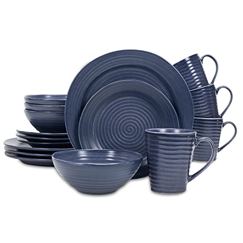 Elanze Designs Chic Ribbed Ceramic Stoneware Dinnerware 16 Piece Set - Service For 4, Navy Blue #TOP21