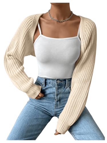 Image of RoseSeek Women's Cropped Cardigan Sweaters Long Sleeve Open Front Bolero Shrugs Casual Knit Tops Apricot Plain Large