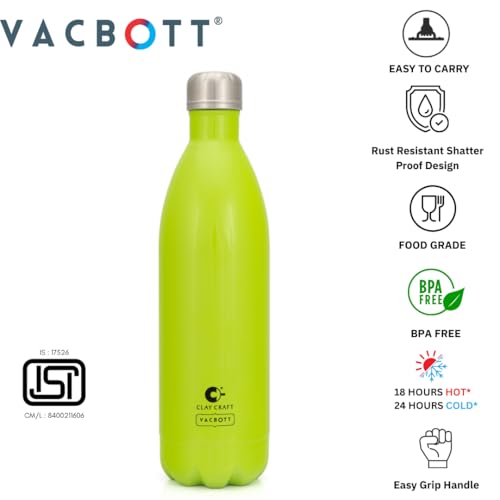 Image of Clay Craft Vacbott Stark Solid Double Walled|18 Hours Hot and 24 Hours| Cold Water Bottle Vacuum Insulated Flask Bottle 1000 ml|2 Piece|Leak Proof|Office Bottle|Gym|Home|Kitchen
