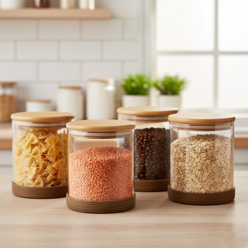 Image of Femora Borosilicate Glass Jars with Wooded Lid| 1 Year Warranty| Multipurpose Airtight Storage Jars For Cookies, Snacks, Spices| Glass Jar 600ml| Set Of 4| Transparent Glass Jars For Kitchen Storage