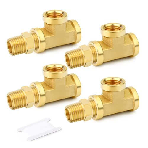 Image of GASHER 4PCS Brass Tee Pipe Fittings, 1 /8 inch NPT Female x 1 /8 inch NPT Female x 1 /8 inch NPT Male Pipe Fittings, Male Run Tee