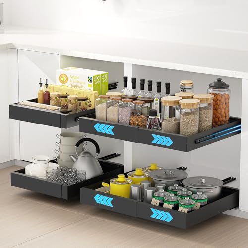 Ihomife 4 Pack Extendable Pull Out Kitchen Drawer - Upgraded Dual Mounting (Screws for Shelfless Cabinets/Nano Tape for Shelved) | Upgraded Heavy-Duty Rails, Space Saving Cabinet Organiser (Black)