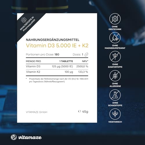 Vitamin D3 K2 5000 IE mit Vitamin K2 MK7 All Trans Form, 2+ Jahre Vorrat, 180 Tabletten Vitamin D ohne unnötige Zusatzstoffe, in Deutschland hergestellt 5