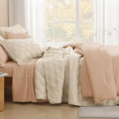 Image of Litanika Queen Quilt Bedding Set, Oatmeal Summer Lightweight Soft Comforter Bedspreads & Coverlets, Boho Farmhouse Bedding Cover Bed Decor All Season, 3 Pieces (1 Quilt, 2 Pillowcases)
